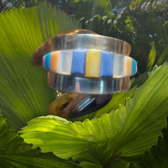 Vintage Sterling Silver Half Hoop Earrings with Multi Stone Cobblestone Inlay - Picture 3 of 5